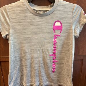 Champion Kids Short Sleeve Tee in Gray with Pink Logo